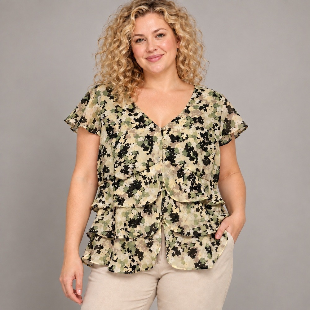 Emma James Petite 14 Tiered Floral Blouse Sage Green Ruffle Peplum Top Fairycore